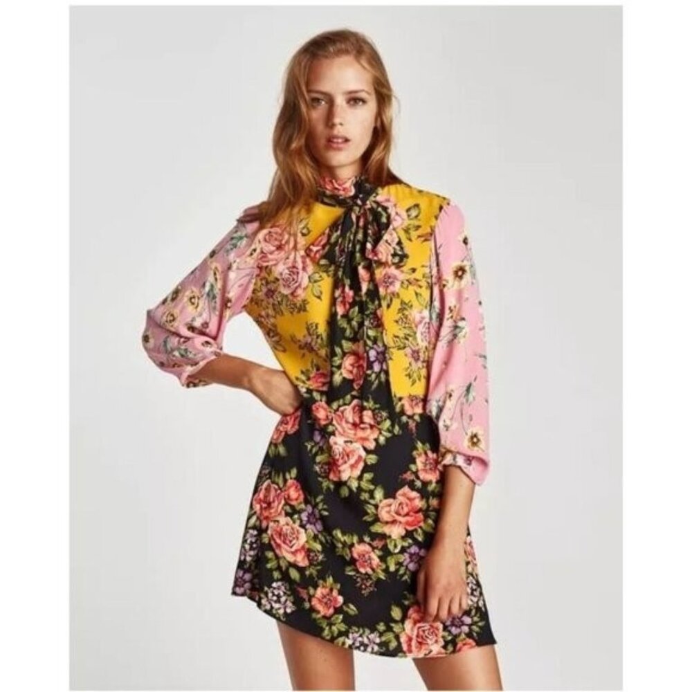 ZARA WOMAN Yellow Pink Floral Long Sleeve Tie Neck Dress Size XS
